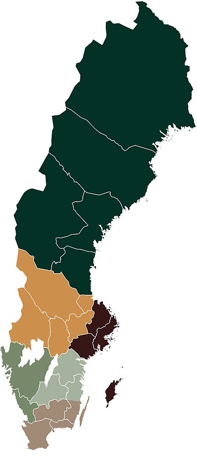 Karta över Skogssällskapets sex regioner i Sverige.
